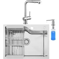 CECIPA MAX Spoelbak Keuken 60x45CM - Spoelbakken met Afdruiprek - Enkele spoelbak Met Keukenkraan met Uittrekbare Uitloop en Zeepdispenser 300ML - Incl. Sifon en Afvoerzeefje - RVS