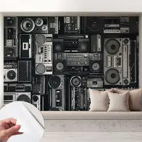 Coloray Zelfklevend Behang - Retro radio Stickerbehang op rol - 208x146 cm - Zwart Zelfklevend Behang - Voor op kantoor, voor de woonkamer, voor de hal - Plakklare achterzijde - Zelfklevend fotobehang
