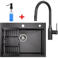 CECIPA MAX Spoelbak Antraciet 60x45CM - Spoelbak Keuken - Multifunctionele Spoelbak Met Uittrekbare Uitloop Keukenkraan en Zeepdispenser 300ML - Spoelbak Met Afdruiprek - Spoelbakken Keuken - RVS