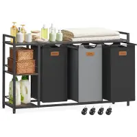 Songmics Wasmand - 3-delig met Rek - 150 Liter – Wassorteerder – Industriële Opbergrek voor Wasruimte - 117x33x80,5cm