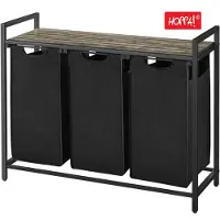 Hoppa! Wasmand - 3 Vakken - Vintage Greige-Zwart - Inclusief Uitschuifbare Waszakken - 92,5 x 33 x 72 cm (B x D x H)