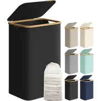 Songmics Wasmand met Bamboe Deksel – 90L Opvouwbare Wasbox – Met Uitneembare Waszak – 42x32x70.5 cm