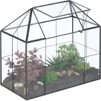 Relaxdays plantenterrarium, glas en koper, 27x30x15 cm, decoratief glazen huis voor cactussen en mos, glazen kasten voor vensterbanken, zwart