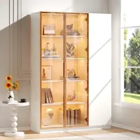 OKWISH Vitrinekast - 3 Deuren Met LED Verlichting En Opbergruimte - Woonkamer Of Eetkamer - MDF Wit - 110x35x165 cm
