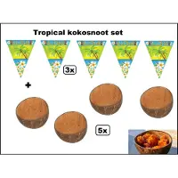 Partyxplosion Tropical Hawai kokosnoot set - 3x Aloha vlaggenlijn 500cm + 5x Kokosnoot kom - Summer tropisch beach thema party
