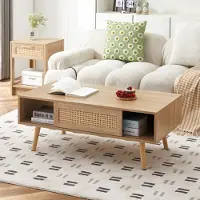 MODFU - Salontafel - Rattan Schuifdeur - Minimalistisch - Voor Woonkamer - MDF En Houten Poten - Natuurlijke Houtkleur