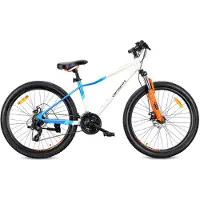 Sun baby VERDANT CALIX Mountainbike 26", MTB-fiets voor dames en heren, fiets 6 inch - vering, schijfremmen, 21 versnellingen - Wit-Blauw-Oranje