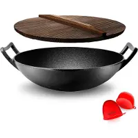 Nutrichef Wokpan inductie - Voorbehandelde Gietijzeren Roerbakpan - Houten Deksel - Zwart