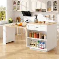 MODFU - Uitschuifbare Keukeneilandtafel Met Opbergruimte En Wielen - Modern - MDF - Wit - 133-202 X 70 X 93,5 Cm