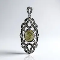 Cavill - Zilveren hanger 925 Sterling - Labradoriet 3 4 ct ovaal uit Madagaskar - Vintage art deco stijl met Oostenrijkse marcasieten 0 54 ct