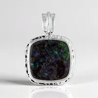 Cavill - Zilveren Ammoliet Hanger 925 Sterling Zilver - 14 ct Antieke Kussen Cabochon Canada - Blauwe Groene Natuurlijke Glans - Luxe Sieraad 30x24 mm