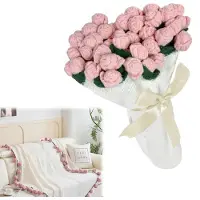 LONGZIMING - Knuffeldeken - Boeketdeken - Rozenboeketdeken - Deken - Handgehaakt met 3D-rozen - Zacht en vormvast - Veelzijdig in gebruik - Cadeau voor elke gelegenheid - Roze