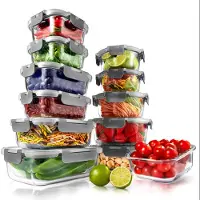 Nutrichef Glazen Vershoudbakjes – 12-delige set met 12 luchtdichte deksels Geschikt voor snacks, fruit en voedselopslag – Magnetron-, vriezer- en vaatwasserbestendig - Grijs