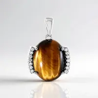 Cavill - Zilveren Hanger 925 Sterling Zilver Geplatineerd - Tijgeroog 8 25 ct Ovaal Cabochon - 14 Pavé Zirkonen 0 19 ct Elegant