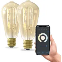 Calex Slimme Lamp - Set van 2 stuks - Wifi LED Filament Verlichting - E27 - Rustiek Smart Bulb Goud - Dimbaar - Warm Wit licht - 7W