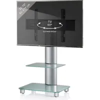 VCM Tosal TV-meubel met glazen voet, 1 glazen legbord en wielen, Zilverkleurig, matglas.