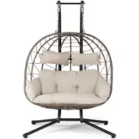Juskys Aria dubbele hangstoel - Polyrotan hangstoel met frame en kussen - Beige