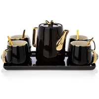 HowHomely Noah Black Gold - Koffieservies - Zwart met Goud - Inclusief Lepeltjes en Tafelblad