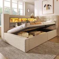 STILVORA Gestoffeerd bed 90x200 cm – Eenpersoonsbed Met LED en Oplaadpoorten – Hydraulische Opbergruimte – Linnen – Beige – Zonder matras