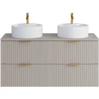Vente-unique Geribbeld hangmeubel voor badkamer met ronde dubbele opbouwwastafel - Beige - L120 cm - ZEVARA