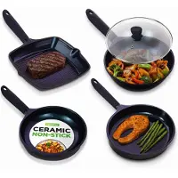 Nutrichef Koekenpannenset – 4-delige Antiaanbak keramische pannenset met wok, grill-, bak- en vispan – Geschikt voor alle kookplaten