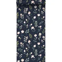 ESTAhome behang bloemen donkerblauw, roze en groen - 53 cm x 10.05 m - 139341