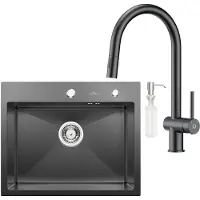Auralum Max Spoelbak Keuken 55x45CM - Spoelbakken Keuken Met keukenkraan met uittrekbare uitloop Met Zeepdispenser - Spoelbak Met Kraangat - Antraciet