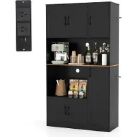 Costway Keukenkast van hout, buffetkast met stopcontact, hoge kast met deuren en werkblad, opbergkast, voor keuken en woonkamer, 100 x 40 x 180 cm (zwart)