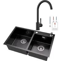 Auralum Max Dubbele Spoelbak (75x45cm) Antraciet - Spoelbak Keuken Met Lagedruk keukenkraan - Duurzaam, Veelzijdig en Geluiddempend - Met zeepdispenser 300ml en Waterafvoersysteem