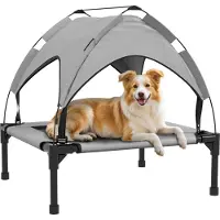 PawHut Erhöhtes Hundebett mit Baldachin, Haustierbett, Outdoor Hundeliege mit Dach, Atmungsaktiv, für kleine und mittelgroße Hunde Hellgrau Oxford 76 x 61 x 69,5 cm