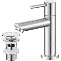 CECIPA MAX Wastafelkraan - koudwaterkraan met Pop-up Afvoerventiel - Badkamerkraan - Waterbesparend - Koud Wastafelkraan - Inclusief Aansluitingen - RVS - Zilver