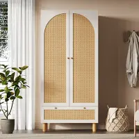 Sweiko Kledingkast - Rotan deuren - Met lades - Verstelbare planken - 180x85x52 cm - Wit + Natuurlijke