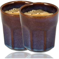 Discountershop Koffiekopjes Set van 2 – Keramische Bekers 200ml Zonder Oor – Espresso Kopjes en Cappuccino Bekers – Blauw/Bruin Glazuur – Aardewerk Koffiemokken – Voor Koffie en Thee