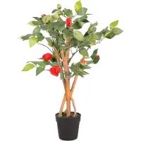UNUS Kunstplant Camellia met echte houten stam 80 cm rode bloemen, kamerplant met natuurlijke houten stam