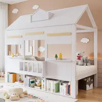 OKWISH Hoogslaper 90x200 cm - Kinderbed Met Huisvormig Ontwerp - Met Boekenrek - Zonder Matras - Hout En MDF - Wit