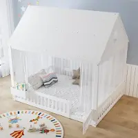 OKWISH Kinderbed 140x200 cm - Met Dakframe en Raamdetails - Met Opbergvak - Zonder Matras - Hout en MDF - Wit