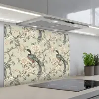 KitchenYeah Spatscherm 90x60 cm - Zelfklevende achterwand Bloem - Vogel - Kleurrijk - Keuken muurbeschermer - Spatwand fornuis