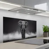 KitchenYeah Spatscherm 100x50 cm - Zelfklevende achterwand Olifant - Zwart - Wit - Rook - Keuken muurbeschermer - Spatwand fornuis