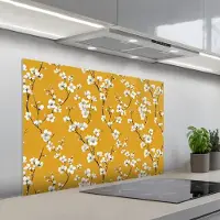 KitchenYeah Spatscherm 100x65 cm - Zelfklevende achterwand Bloesemtak - Aquarel - Geel - Keuken muurbeschermer - Spatwand fornuis