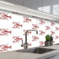 KitchenYeah Keuken achterwand 300x80 cm - Spatscherm zelfklevend Kreeften - Donkerrood - Patroon - Muurbeschermer - Spatwand fornuis