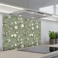 KitchenYeah Spatscherm 90x60 cm - Zelfklevende achterwand Botanisch - Vogels - Groen - Keuken muurbeschermer - Spatwand fornuis