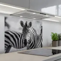 KitchenYeah Spatscherm 90x70 cm - Zelfklevende achterwand Zebra's - Zwart - Wit - Keuken muurbeschermer - Spatwand fornuis