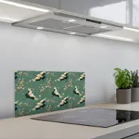 KitchenYeah Spatscherm 60x30 cm - Zelfklevende achterwand Kersenbloesem - Kraamvogels - Groen - Keuken muurbeschermer - Spatwand fornuis