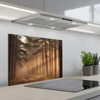 KitchenYeah Spatscherm 70x50 cm - Zelfklevende achterwand Bos - Mist - Zonlicht - Keuken muurbeschermer - Spatwand fornuis