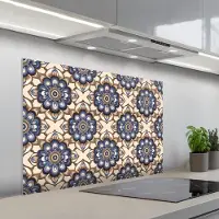 KitchenYeah Spatscherm 100x65 cm - Zelfklevende achterwand Floraal - Ornament - Blauw - Keuken muurbeschermer - Spatwand fornuis