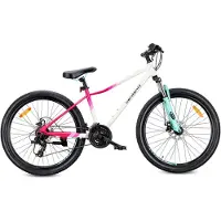 Sun baby VERDANT CALIX Mountainbike 26", MTB-fiets voor dames en heren, fiets 6 inch - vering, schijfremmen, 21 versnellingen - Wit-Roze-Mintgroen