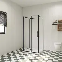 AICA 70x90x195cm douchecabine, met inklapbare vouwdeur en twee vaste zijwanden, 6mm helder EasyClean veiligheidsglas,mat zwarte aluminium frame, stabilisatiestang 45 cmX2