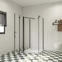 AICA 70x70x195cm douchecabine, met inklapbare vouwdeur en twee vaste zijwanden, 6mm helder EasyClean veiligheidsglas,mat zwarte aluminium frame, stabilisatiestang 50 cmX2