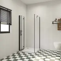 AICA 90x80x195cm douchecabine met inklapbare vouwdeur en vaste zijwand, 6mm helder EasyClean veiligheidsglas,mat zwarte aluminium frame, stabilisatiestang 50 cm