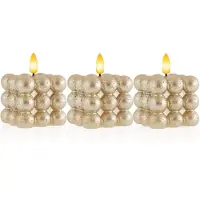Meisterhome Bubble LED Kaarsen Set van 3 - Goud – Wax Kaarsen met Timer – 7.5x7.5 cm – Warm Wit Flikkerend Licht – Veilig & Sfeervol